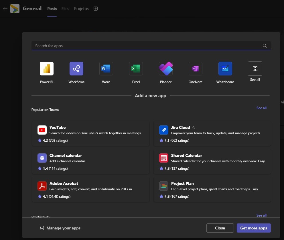Inclusão de abas em um canal do Teams