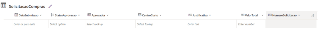 Tabela com Colunas no Dataverse