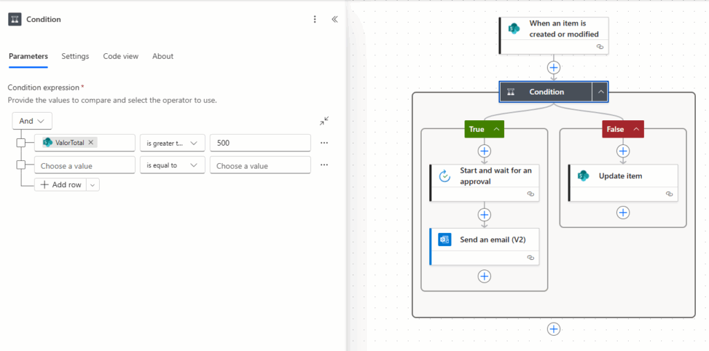 Fluxo do power automate com condição