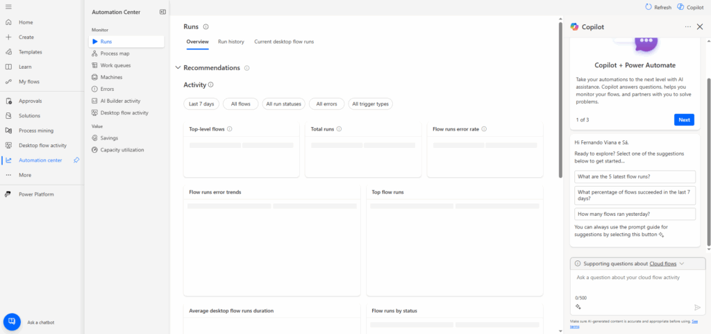 Centro de Automação com Copilot no Power Automate