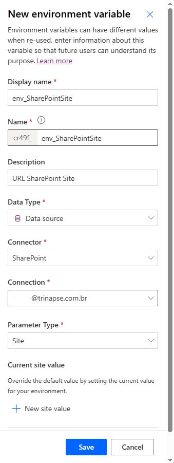 Tela de criação de variável de ambiente no Power Automate configurando a URL de um site SharePoint dentro de uma Solution.