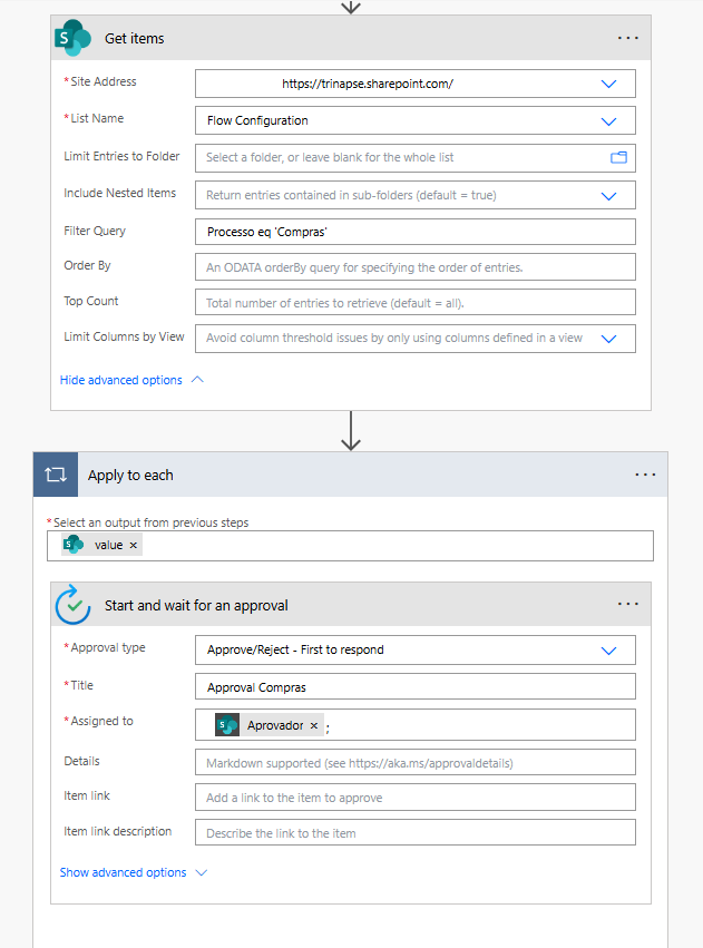Fluxo do Power Automate consultando lista SharePoint de configuração e iniciando processo de aprovação.