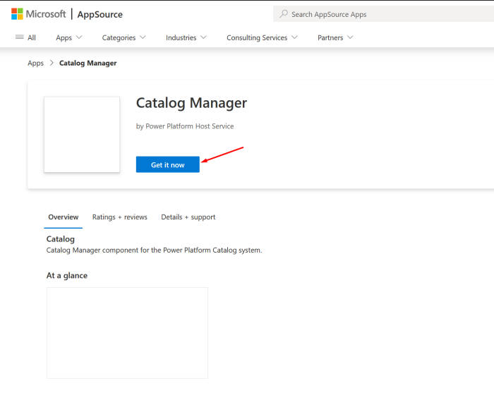 Página do Microsoft AppSource do aplicativo “Catalog Manager”, com botão azul “Get it now” destacado por uma seta vermelha.