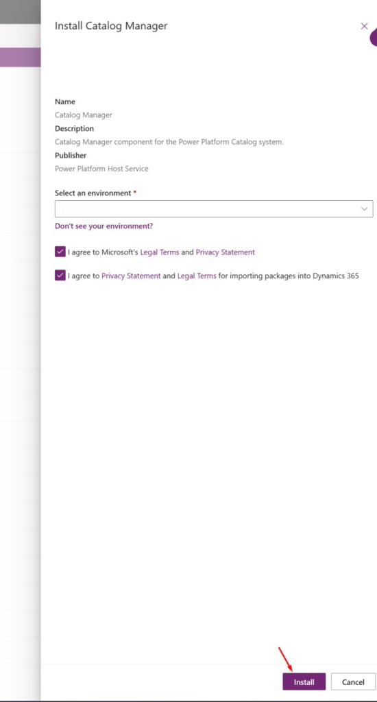 Janela lateral “Install Catalog Manager” com campo para selecionar ambiente, caixas de aceite marcadas e botão roxo “Install” destacado por uma seta vermelha.