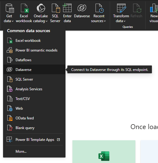 Tela do Power BI Desktop selecionando Dataverse como fonte de dados para conexão via SQL endpoint e criação de relatórios.