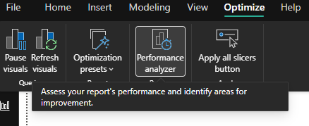 Ferramenta Performance Analyzer no Power BI Desktop usada para avaliar e otimizar o desempenho de dashboards e consultas.