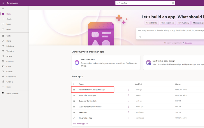 Tela inicial do Power Apps mostrando a lista de aplicativos, com o app “Power Platform Catalog Manager” destacado por um retângulo vermelho.