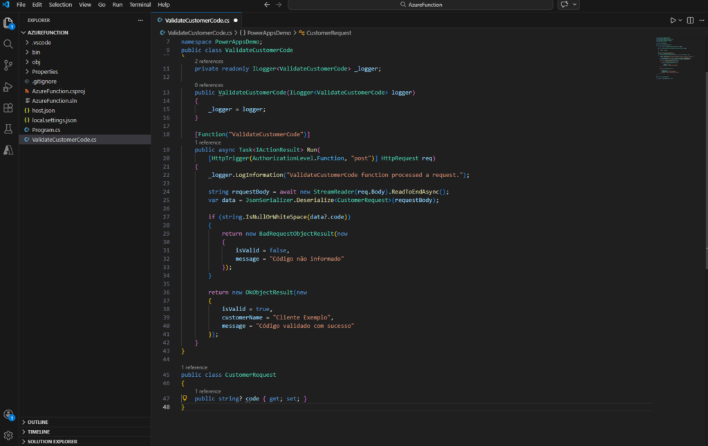 Editor do Visual Studio Code exibindo o arquivo ValidateCustomerCode.cs de uma Azure Function em C#, com uma função HTTP POST chamada ValidateCustomerCode que valida um código de cliente e retorna resposta JSON.
