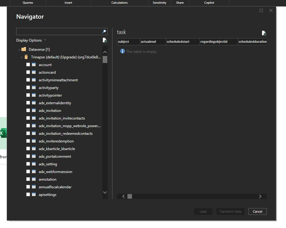 Tela Navigator do Power BI mostrando a lista de tabelas do Dataverse conectadas ao ambiente da Power Platform.
