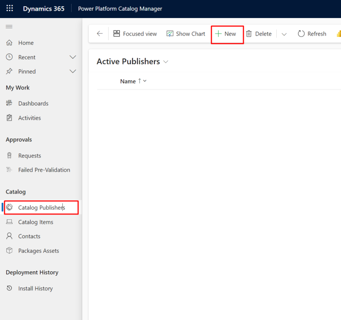 Tela do Dynamics 365 Power Platform Catalog Manager na seção “Catalog Publishers”, com item do menu lateral e botão “+ New” destacados em vermelho.