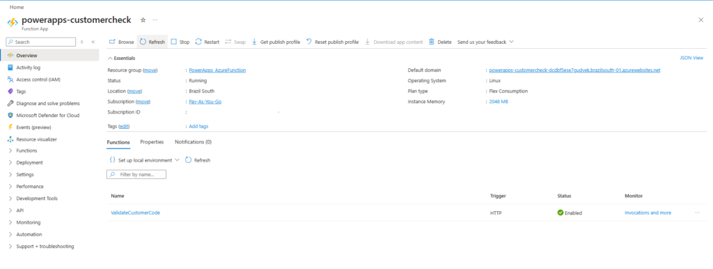 Portal do Azure na aba Functions do Function App powerapps-customercheck, listando a função ValidateCustomerCode com gatilho HTTP, status habilitado e link de monitoramento.