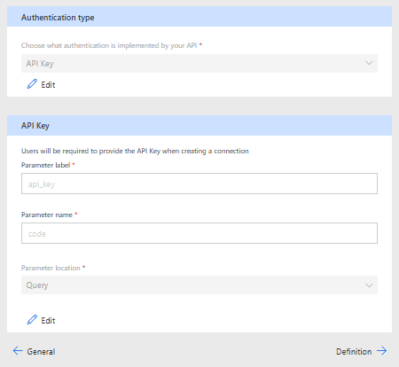 Tela de configuração de segurança de um Custom Connector no Power Platform, usando autenticação do tipo API Key, com parâmetro de rótulo api_key, nome do parâmetro code e localização na query string.