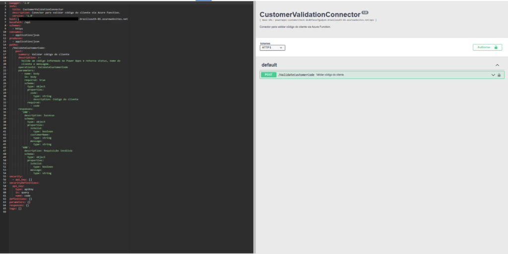 Tela de definição e teste de um Custom Connector chamado CustomerValidationConnector, exibindo a especificação Swagger/OpenAPI à esquerda e, à direita, a ação POST /ValidateCustomerCode para validar código do cliente.