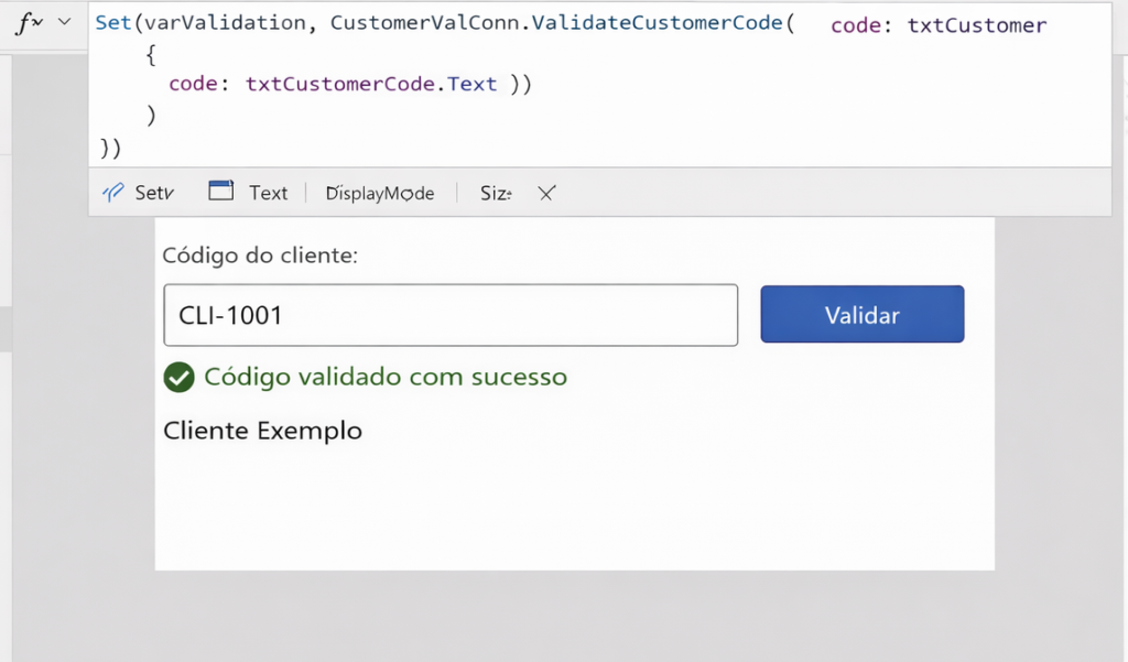 Tela do Power Apps mostrando a chamada ao conector personalizado CustomerValConn.ValidateCustomerCode e a interface do app com campo de código do cliente preenchido com CLI-1001, botão Validar e mensagem de sucesso com o nome Cliente Exemplo.