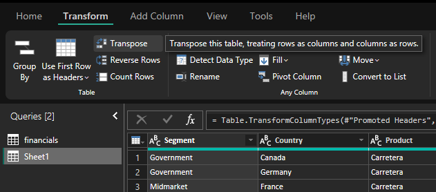 Transpondo linhas e colunas no Power Query