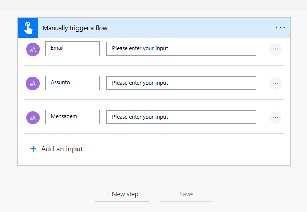Configuração do gatilho Manually trigger a flow com três parâmetros de entrada: Email, Assunto e Mensagem.