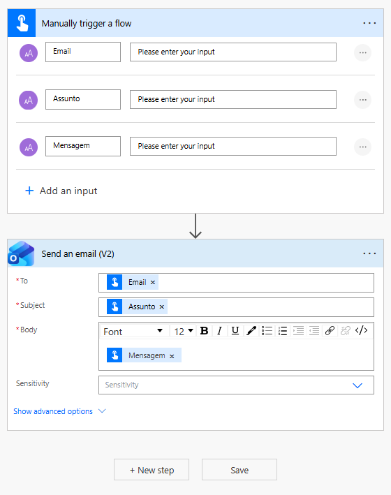 Fluxo no Power Automate utilizando a ação Send an email (V2) com os parâmetros Email, Assunto e Mensagem definidos no gatilho.