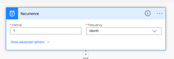 Configuração do gatilho Recurrence no Power Automate com execução mensal.