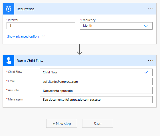 Exemplo de execução do fluxo principal com o gatilho Recurrence chamando o Child Flow e preenchendo os parâmetros de e-mail, assunto e mensagem.