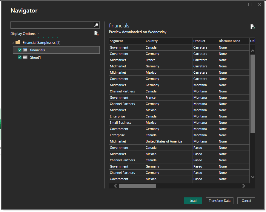 Selecionando tabela no Navigator do Power BI