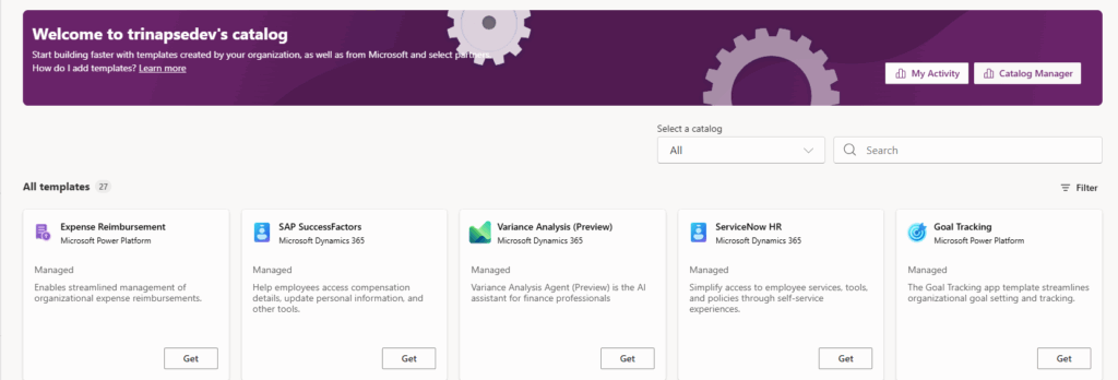 Página do catálogo com banner “Welcome to trinapsedev’s catalog” e cards de templates disponíveis, como Expense Reimbursement, SAP SuccessFactors e Goal Tracking.