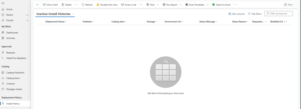 Tela “Inactive Install Histories” do Dynamics 365 mostrando histórico de instalação vazio, com mensagem central informando que nada foi encontrado para exibir.