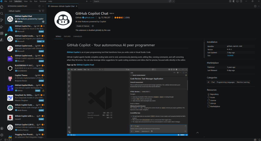 Tela do Visual Studio Code exibindo o marketplace com a extensão GitHub Copilot Chat selecionada, mostrando avaliações, descrição e opções de instalação.