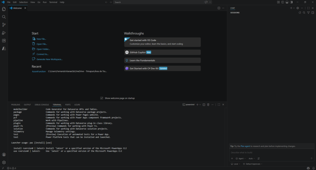 Visual Studio Code com terminal aberto exibindo comandos do Power Platform CLI (pac), incluindo opções para trabalhar com soluções, plugins e Dataverse.