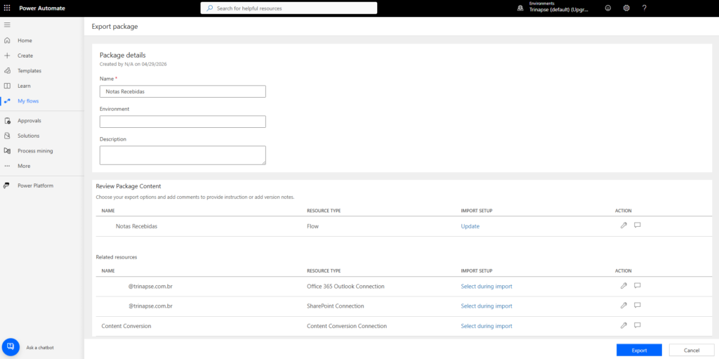 Tela de exportação de pacote no Power Automate mostrando fluxo “Notas Recebidas”, conexões relacionadas e opções de configuração de importação.
