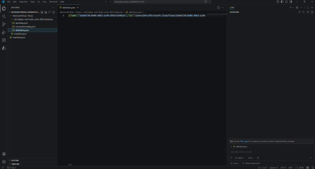 Visual Studio Code exibindo estrutura de arquivos de um fluxo exportado do Power Automate, com arquivos como definition.json, connectionsMap.json e manifest.json.