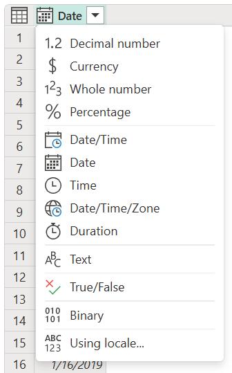 Lista de tipos de dados disponíveis no Power Query, incluindo decimal, moeda, número inteiro, porcentagem, data e texto.