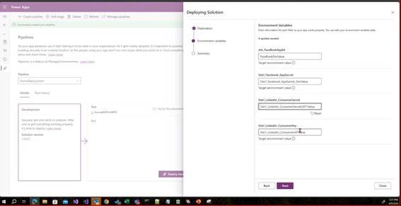 Tela de configuração de deploy no Power Apps exibindo pipeline, estágios e variáveis de ambiente durante publicação de solução.