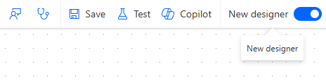 Botão de ativação do New Designer no Power Automate com opções de salvar, testar e usar Copilot