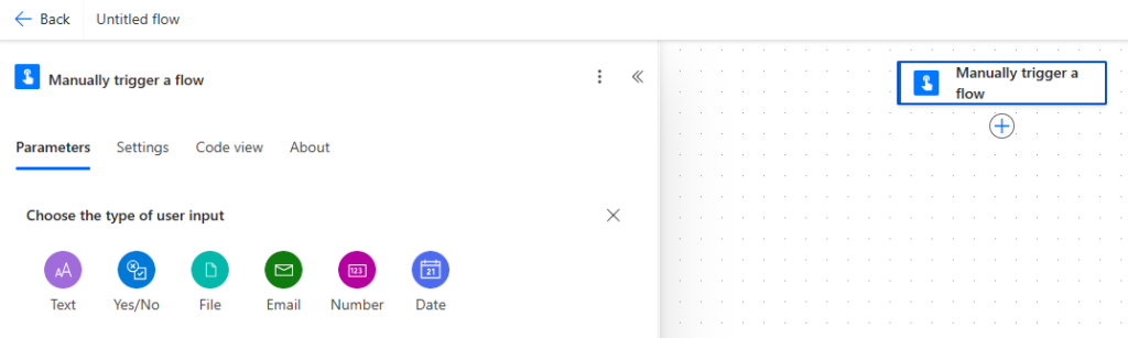 Configuração de trigger manual no Power Automate com opções de entrada como texto, número, arquivo e data