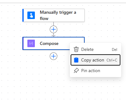Menu de contexto no Power Automate exibindo opção de copiar ação dentro do fluxo