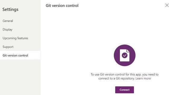 Configurações de controle de versão Git no Power Apps indicando que é necessário conectar o ambiente a um repositório Git para habilitar o versionamento.