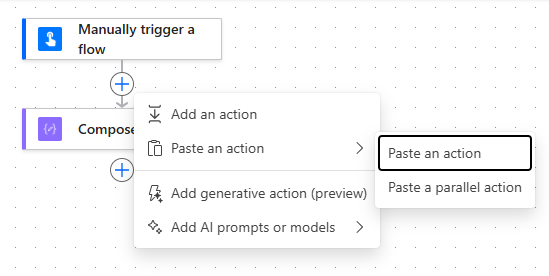 Opção de colar ação no Power Automate através do botão adicionar ação no fluxo