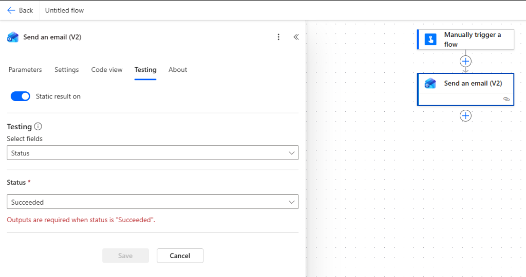 Configuração de Static Outputs no Power Automate para simular execução de ação com status de sucesso