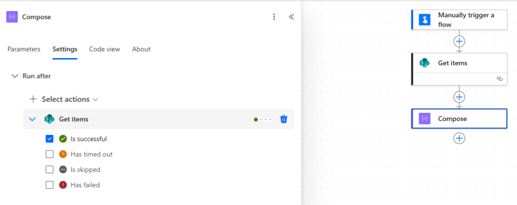 Configuração de Run After no Power Automate com opções de execução baseada em sucesso, falha ou timeout