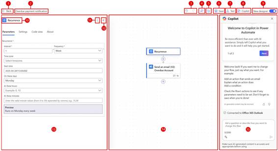 Interface do novo Power Automate Modern Designer com painel de configurações, canvas do fluxo e área do Copilot