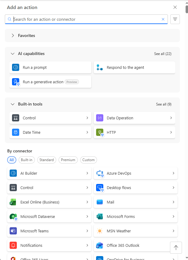 Tela de adição de ações no Power Automate com busca por conectores e categorias como AI Builder e Dataverse