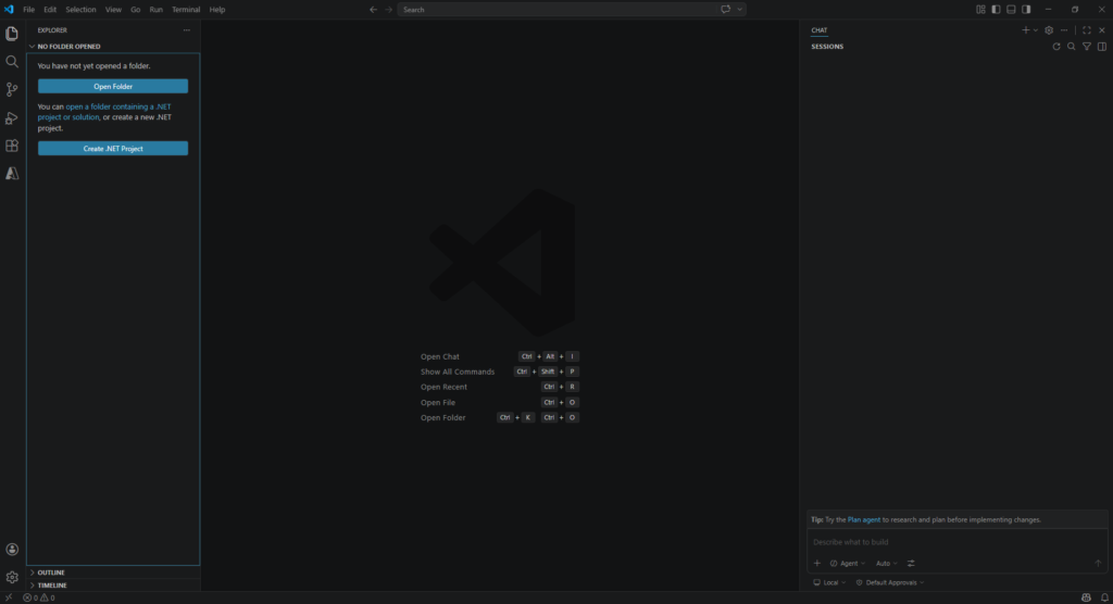 Interface inicial do Visual Studio Code sem pasta aberta, com opções para abrir pasta ou criar novo projeto e painel de chat do Copilot à direita.