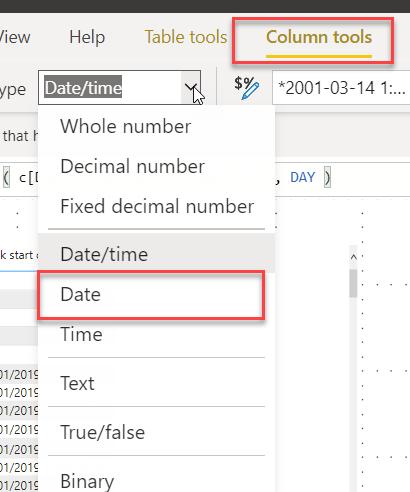 Menu de seleção de tipo de dados no Power BI com a opção "Date" destacada na guia Column tools.