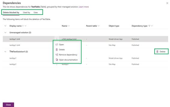 Tela de dependências no Power Apps mostrando componentes bloqueando exclusão de tabela, com opções como Open, Delete e Remove dependency.