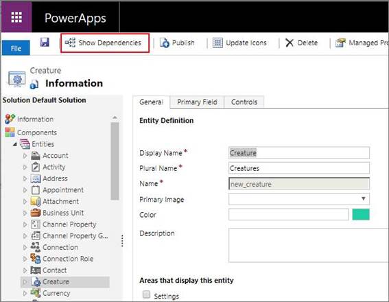Interface do Power Apps Solution Explorer com opção Show Dependencies destacada para visualizar dependências entre componentes.