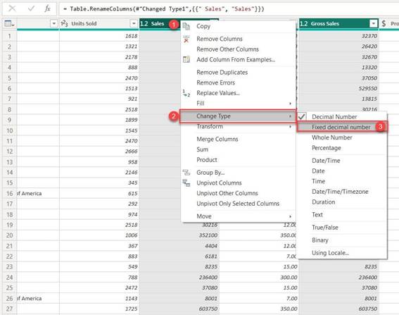 Menu do Power Query exibindo a opção "Change Type" com destaque para o tipo de dado "Fixed decimal number" aplicado à coluna Sales.
