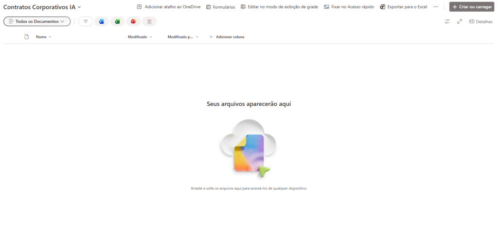 Biblioteca SharePoint recém-criada para organização de documentos corporativos preparados para IA e Microsoft Copilot