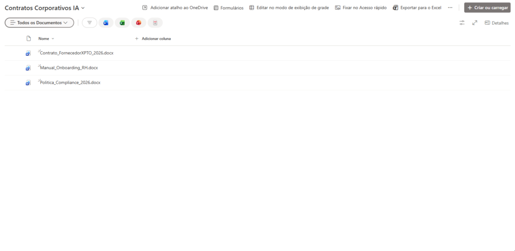 Biblioteca SharePoint contendo documentos corporativos utilizados para estruturação e indexação inteligente no Microsoft 365