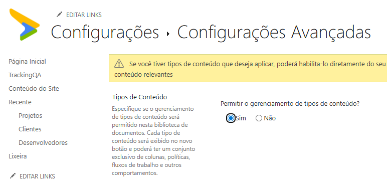 Ativação de tipos de conteúdo em biblioteca SharePoint para organização avançada de documentos corporativos