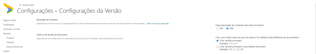 Configuração de versionamento em biblioteca SharePoint para rastreabilidade e governança documental